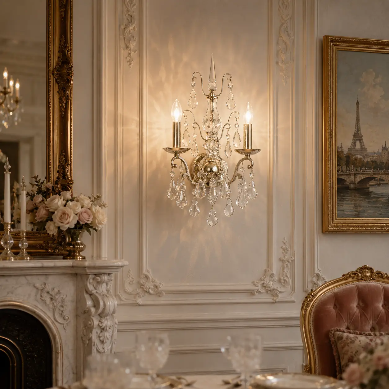 The Chateau Radiance Sconce Styled Flanking a Custom Boiserie Mirror Panel