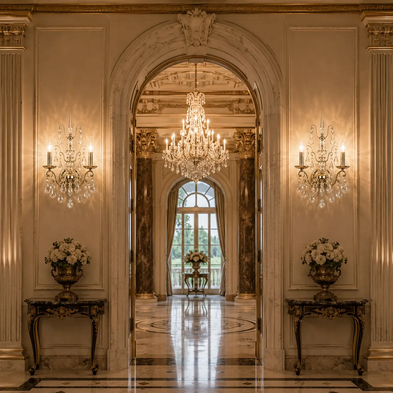 The Chateau Radiance Sconce Mounted Symmetrically on a Grand Marble Hotel Corridor Wall