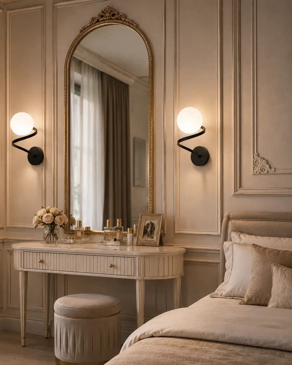 The Helix Contemporary Spiral Arm Sconce in an Elegant Transitional Bathroom Layout