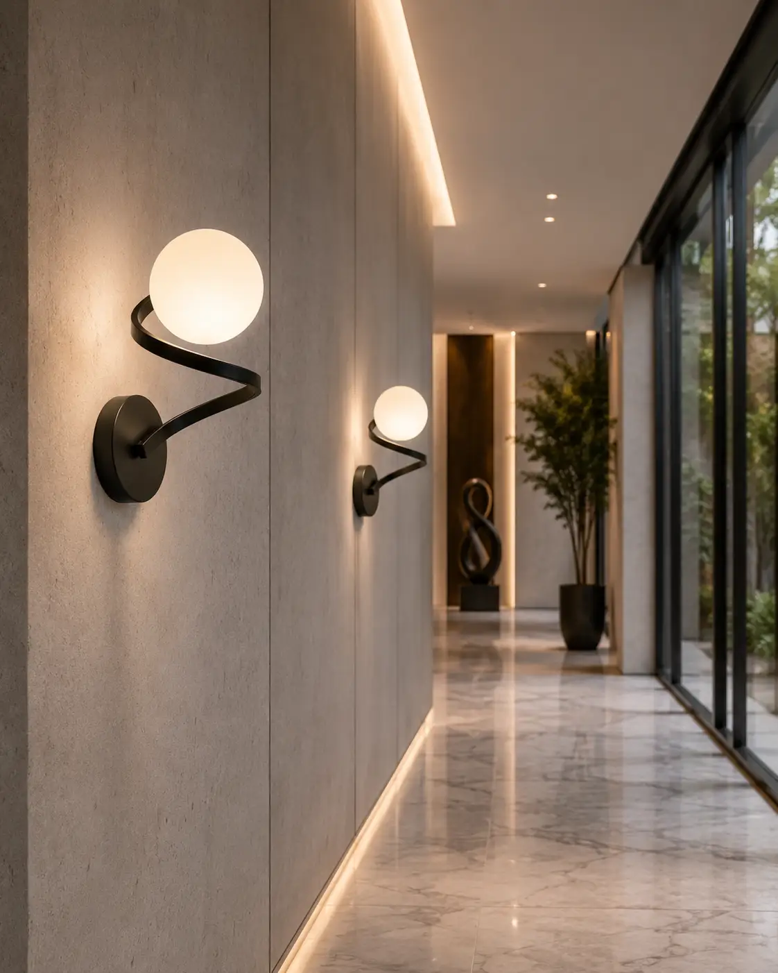 The Helix Contemporary Spiral Arm Sconce styled in a Minimalist Luxury Hotel Corridor