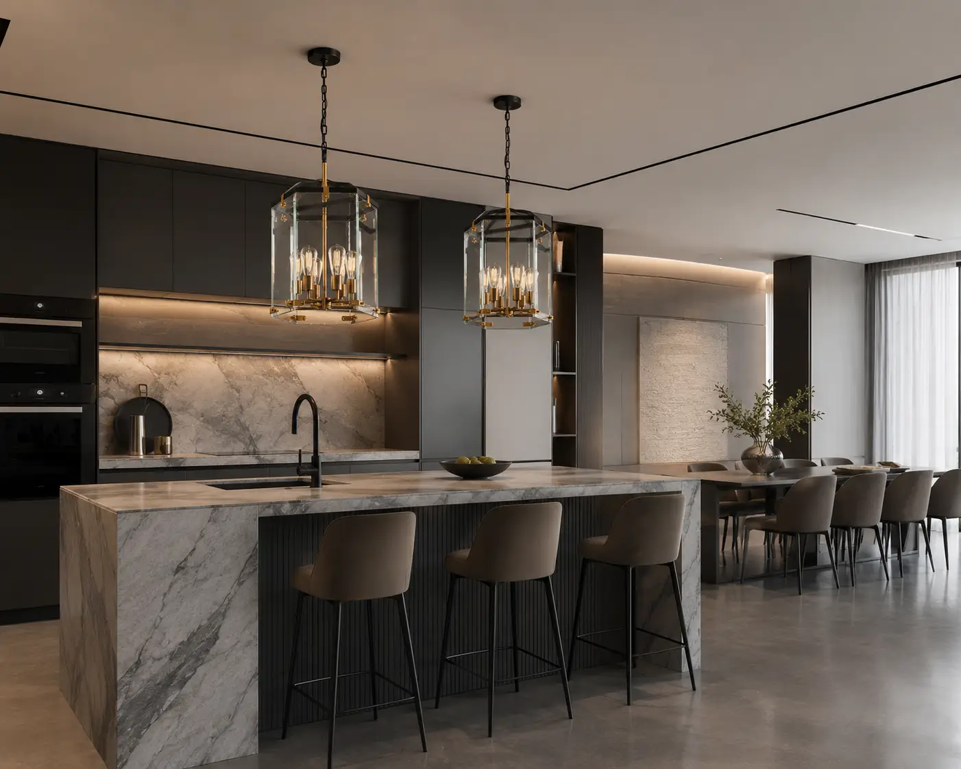 Hexa Crown Pendant 6-Light in a Minimalist Modern Luxury Kitchen Island Context