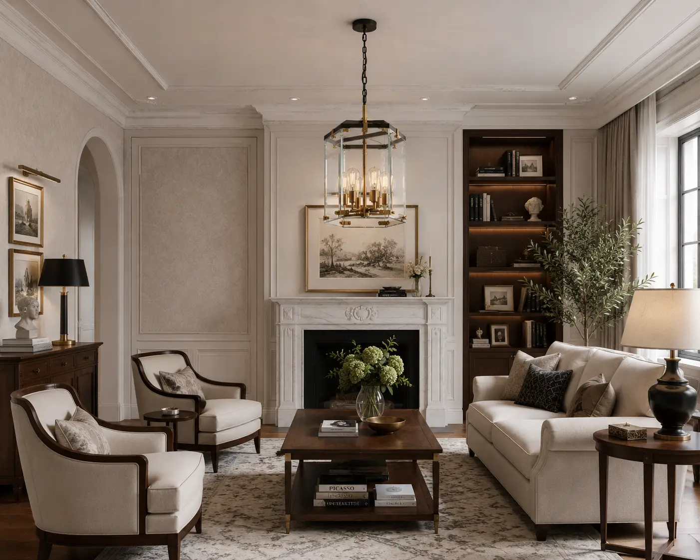 Hexa Crown Customizable Chandelier in a Neoclassical Transitional Dining Room Design
