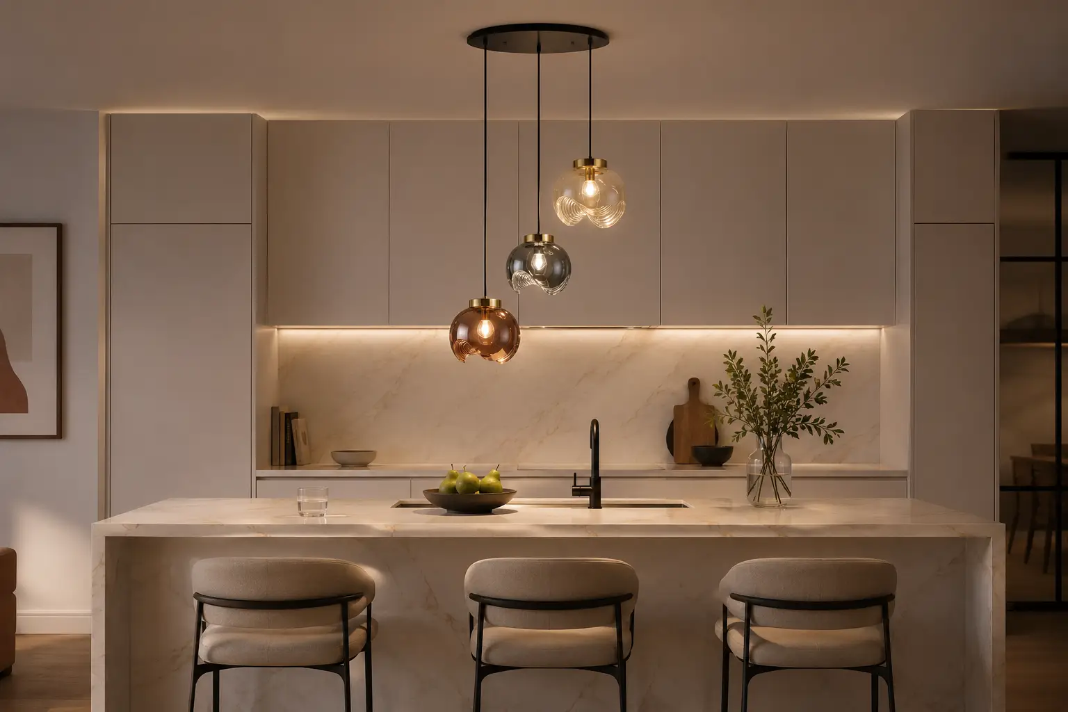 Nebula Sculptural Pendant Light over Marble Kitchen Island