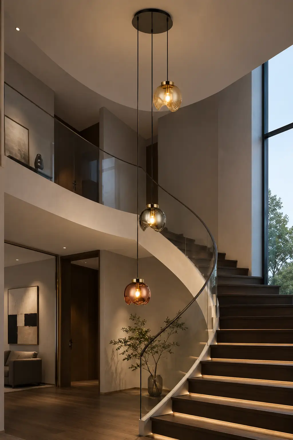 Nebula Cascade Sculptural Glass Pendant in Modern Staircase