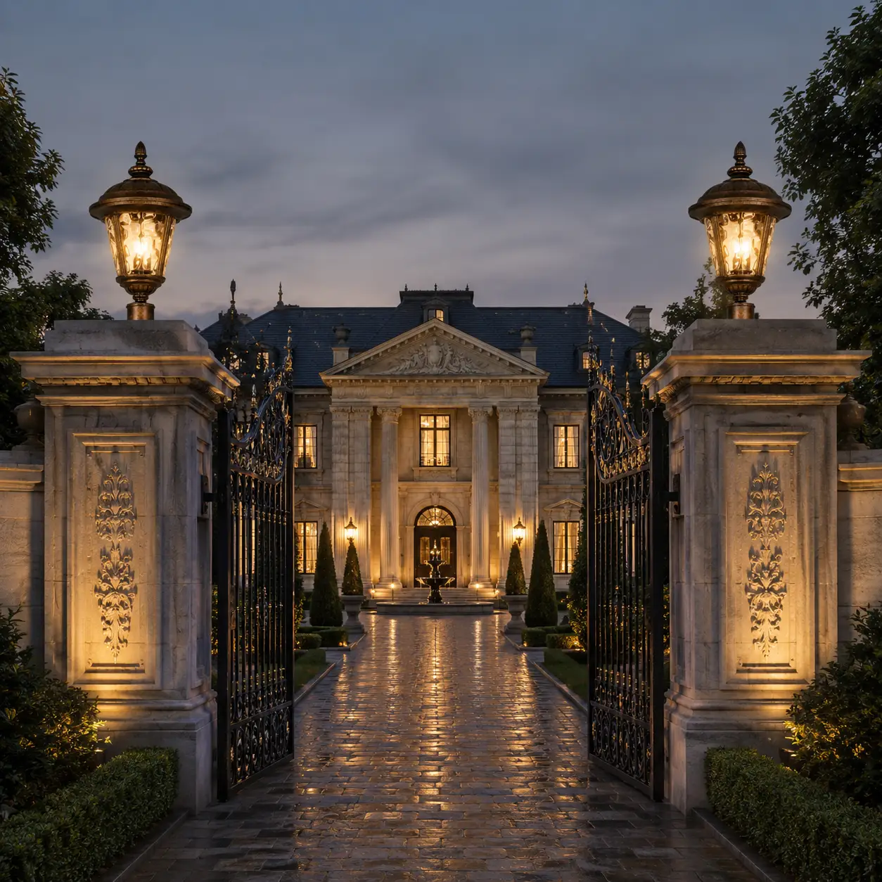 The Regal Estate Post Lantern Mounted on Limestone Pillars Flanking Ornate Wrought Iron Gates