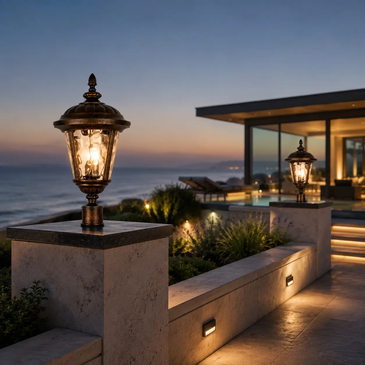 The Regal Estate Post Lantern Staged on Sleek Stone Pedestals Lining a Coastal Walkway