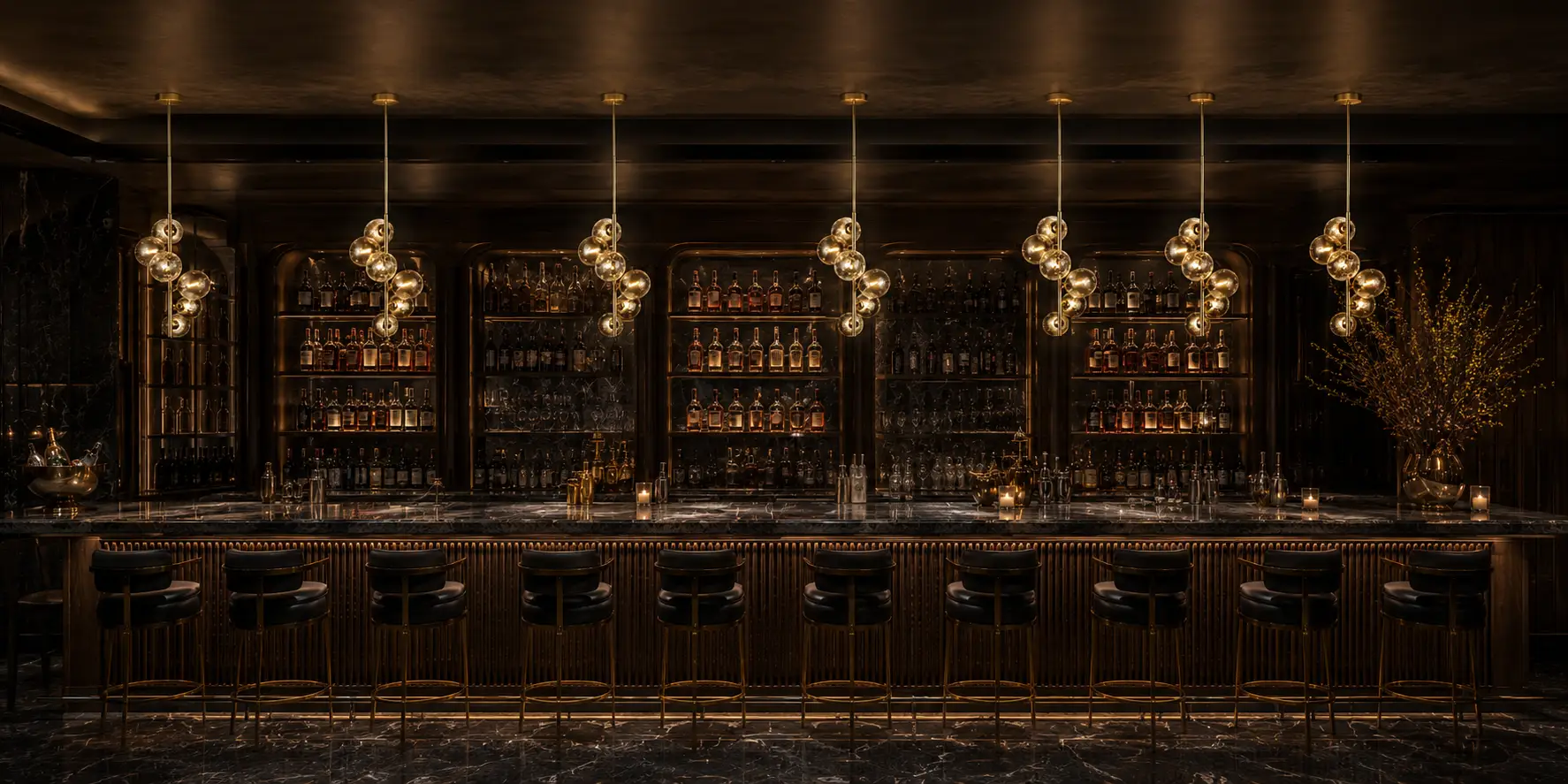 Artisan Amber Glass Pendant Lights over High-End Commercial Bar Counter