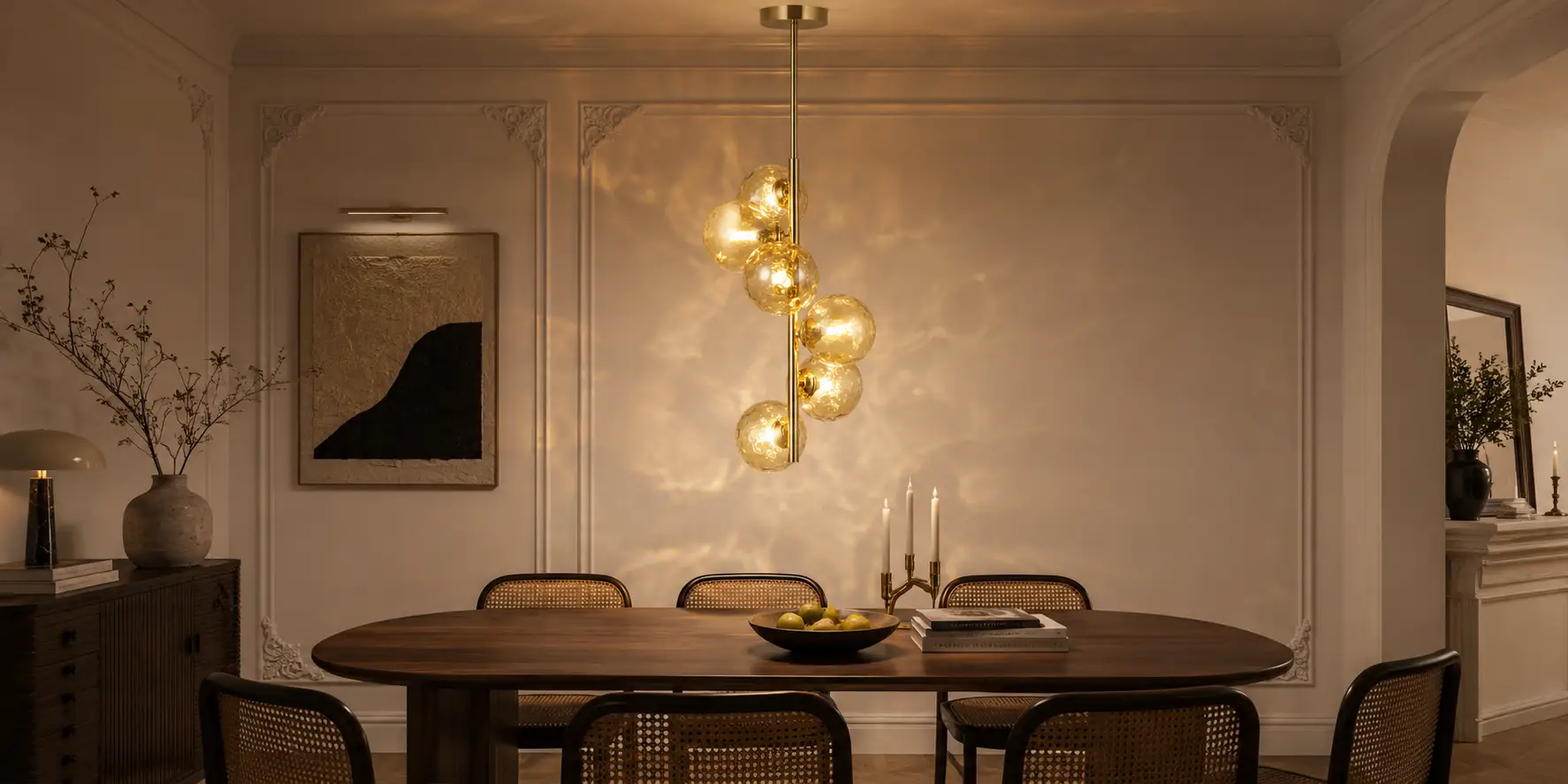 The Ambered Orb 6-Light Pendant Chandelier in French Chic Dining Space