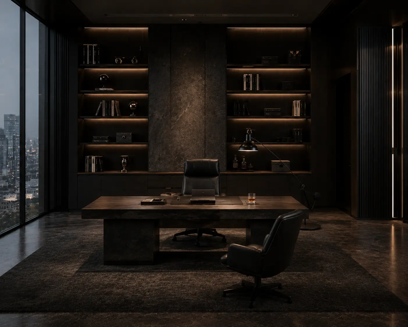 The Apex Adjustable Arc Floor Lamp in a Minimalist Executive Penthouse Office