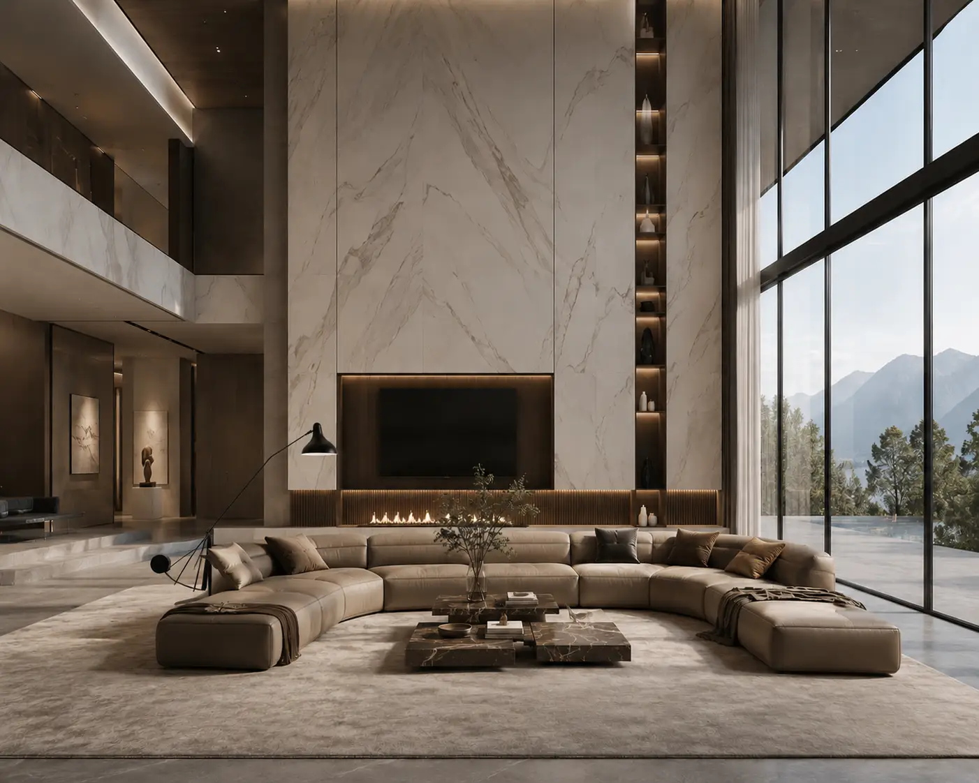 The Apex Adjustable Arc Floor Lamp in a Modern Luxury High-Ceilinged Residential Salon Layout