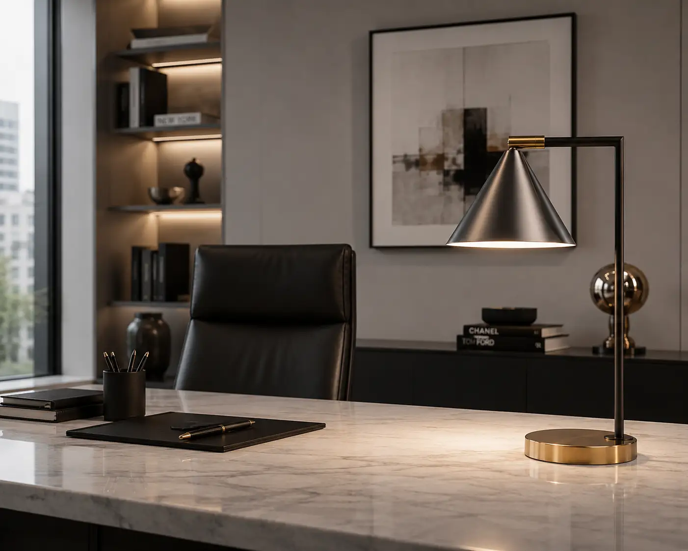 The Apex Industrial Chic Desk Lamp in Gunmetal and Brass within an Executive Office