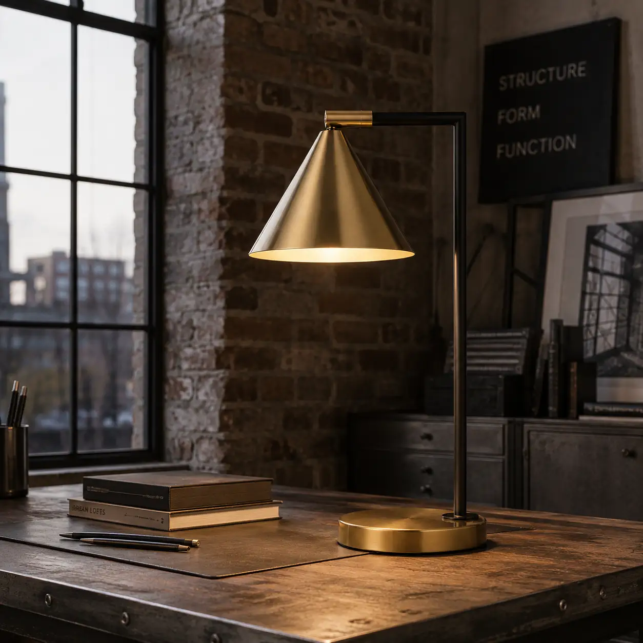 The Apex Industrial Chic Desk Lamp in an Urban Luxury Loft Workspace