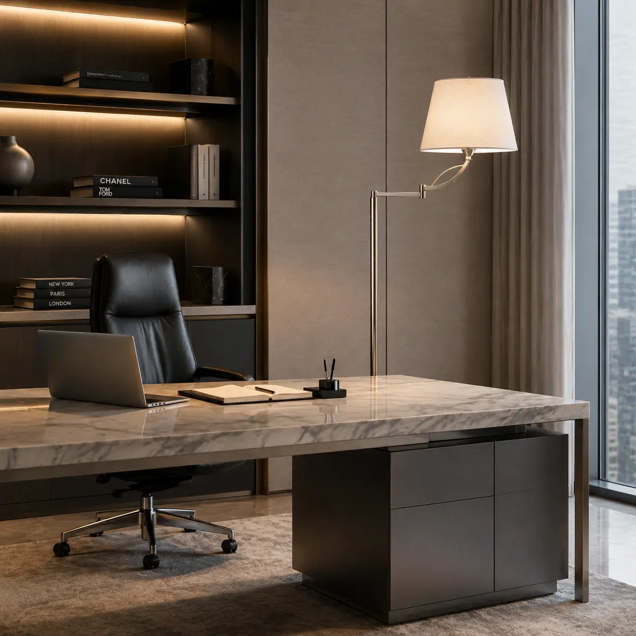 The Artisan Swing Arm Floor Lamp in Polished Nickel within a Modern Minimalist Executive Suite