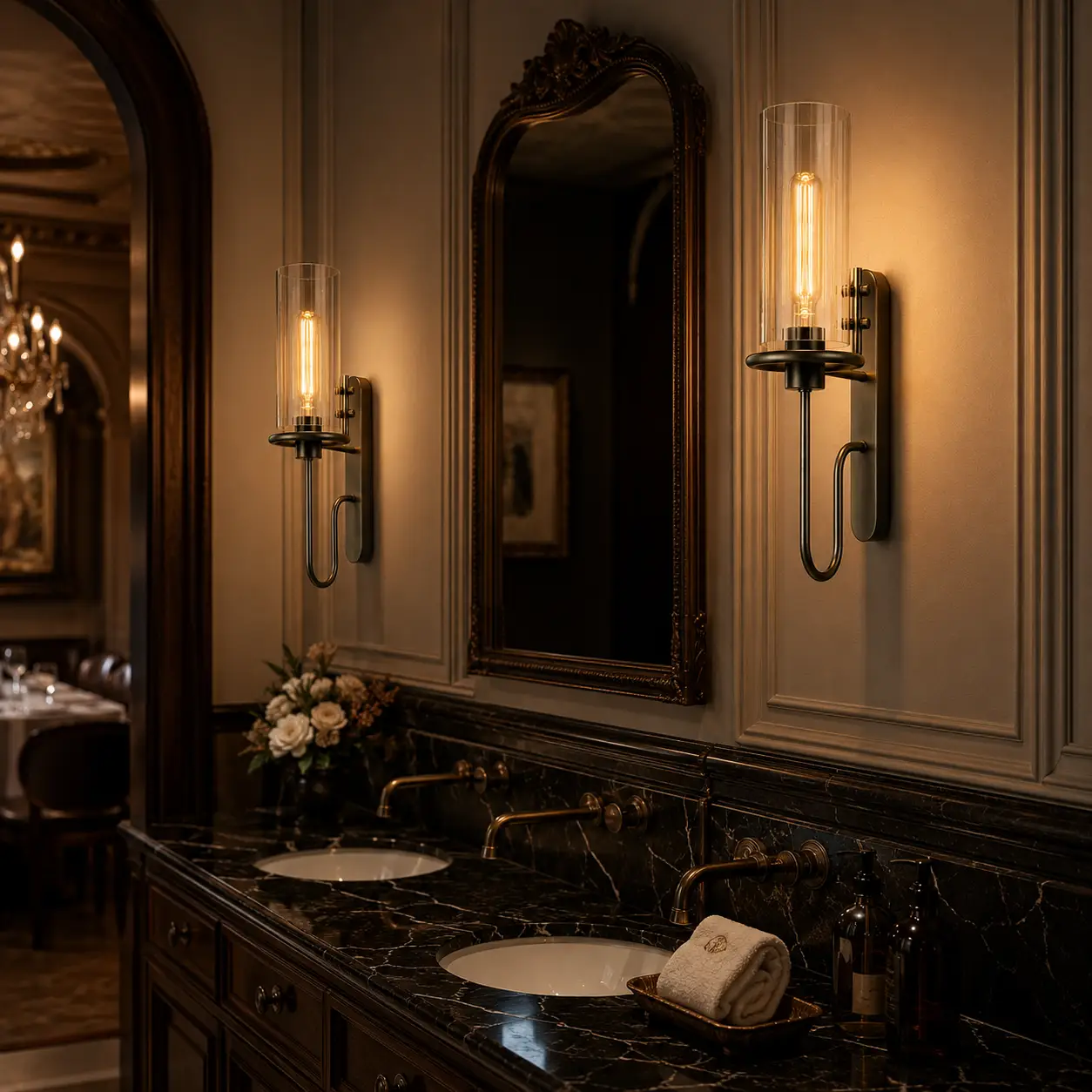The Artisan Loft Sconce Highlighting a High-End Restroom Vanity Configuration