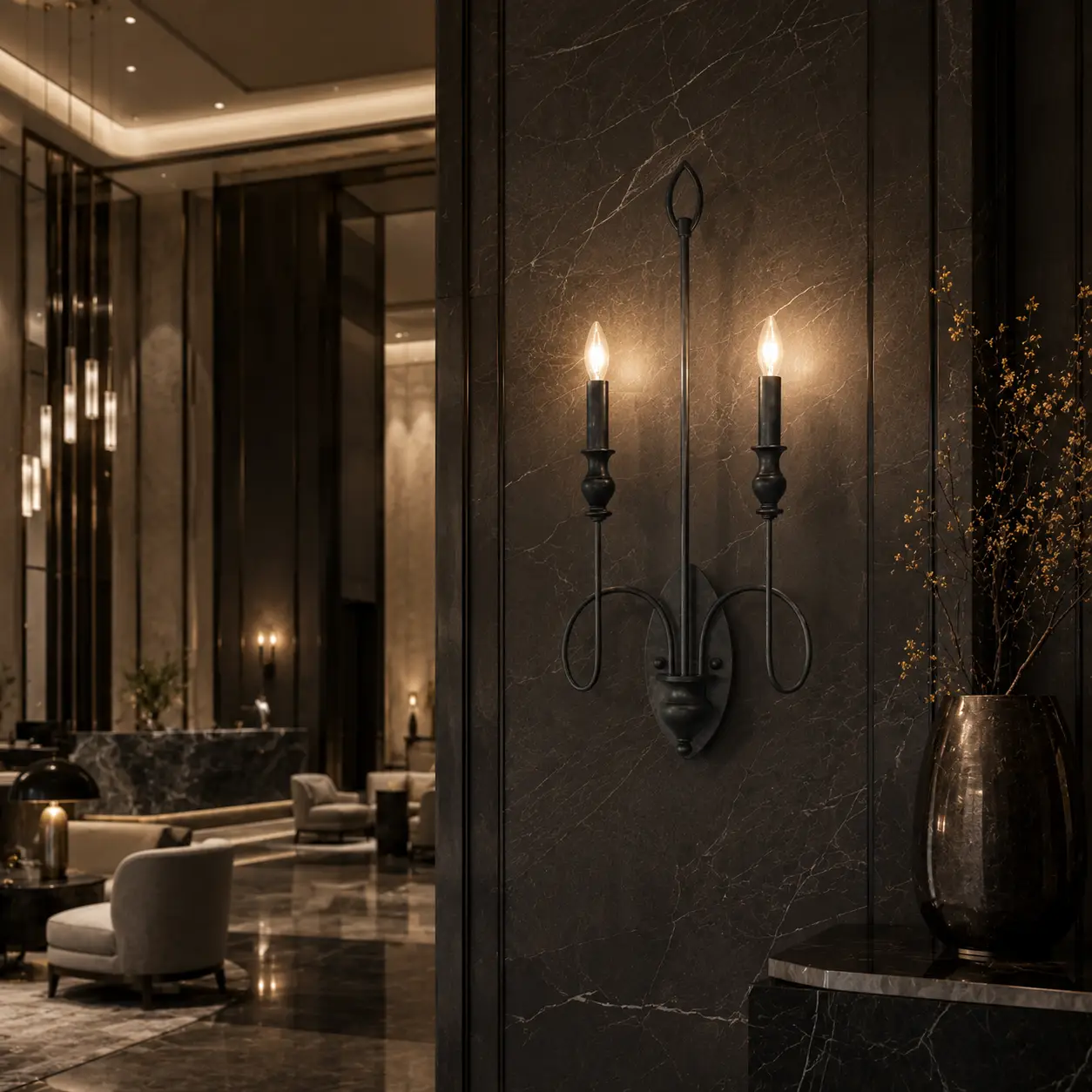 Smile Lighting Artisan Loop Sconce stripped down to matte black within a Modern Luxury hotel lobby
