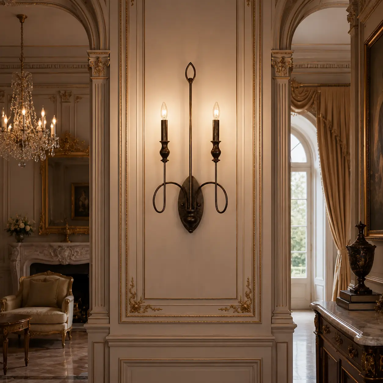 Smile Lighting Artisan Loop Sconce paired symmetrically within a Neoclassical interior