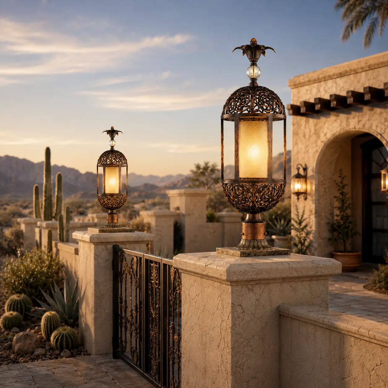 Smile Lighting modular easy-clean pier light installed on an arid desert courtyard perimeter