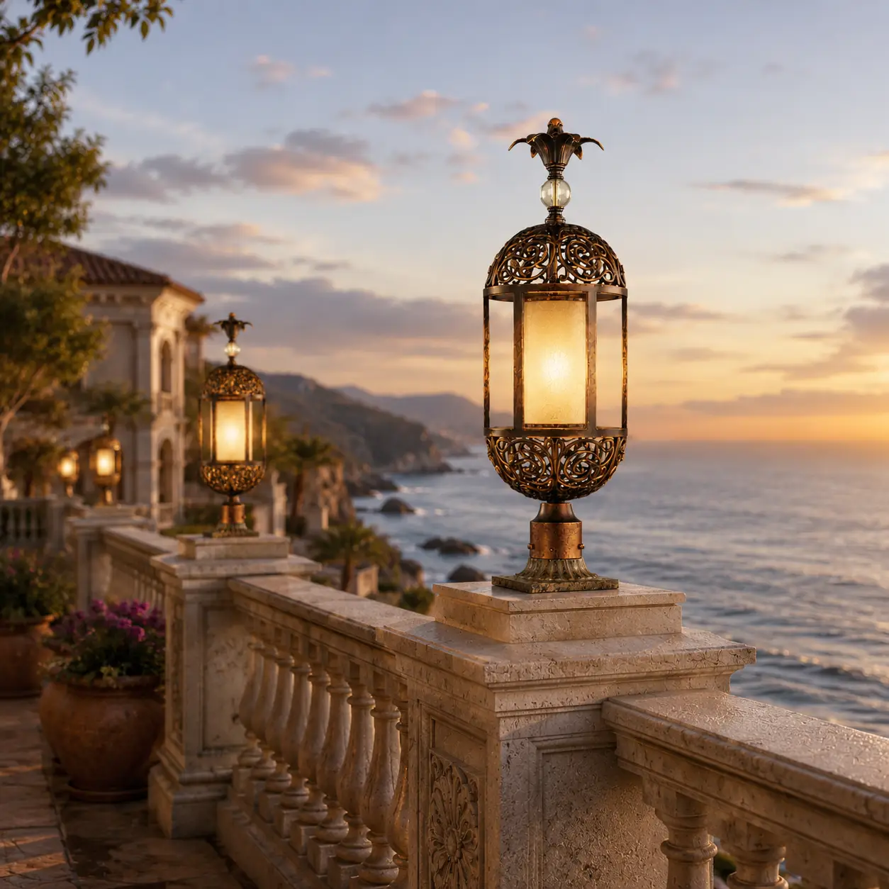 Smile Lighting custom anti-corrosion pier light on a Mediterranean oceanfront balustrade