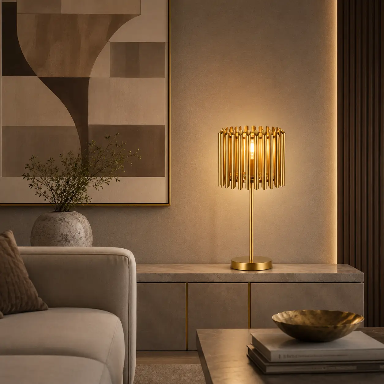 The Cadence Brushed Gold Table Lamp in a Modern Luxury Living Room Setting