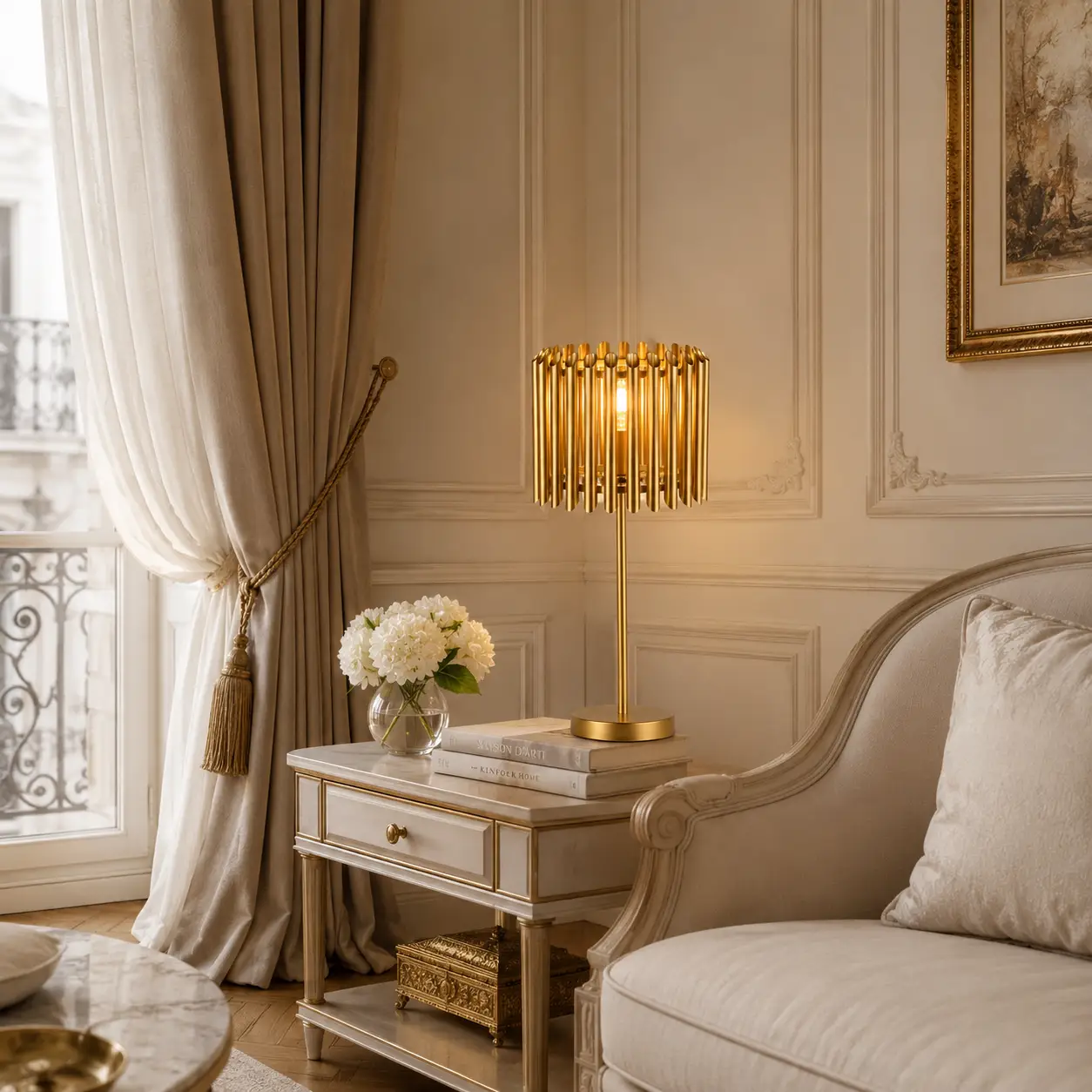 The Cadence Brushed Gold Table Lamp in a Transitional French Chic Bedroom Staging