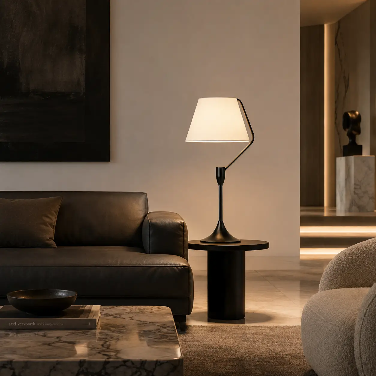 The Cantilever Modern Accent Lamp in a Minimalist Luxury Lounge Setting