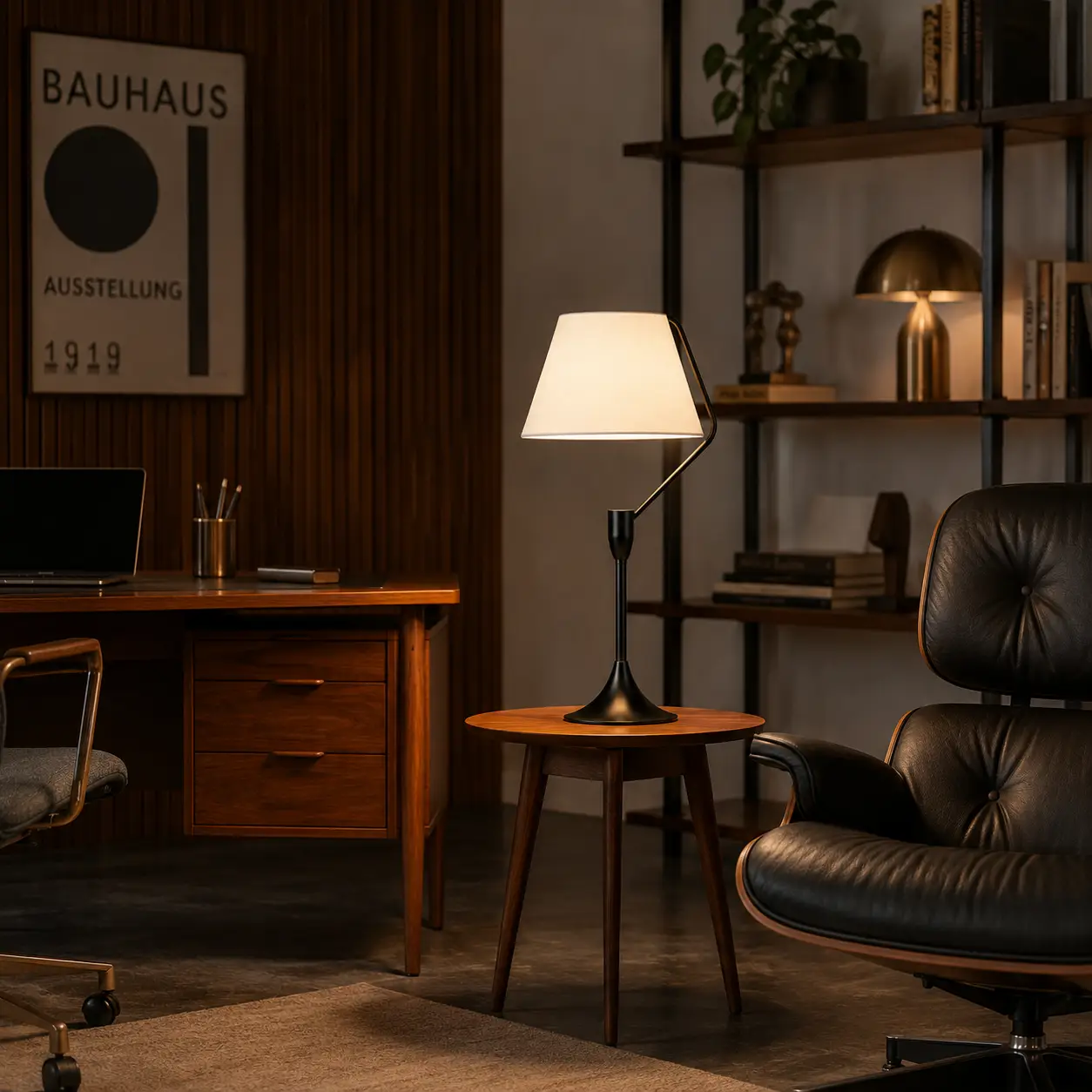 The Cantilever Modern Accent Lamp in Satin Brass Finish within a Teak Wood Office