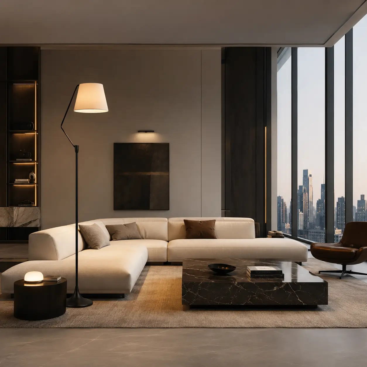 The Cantilever Modern Floor Lamp Overhanging a Contemporary Luxury Living Sofa Space
