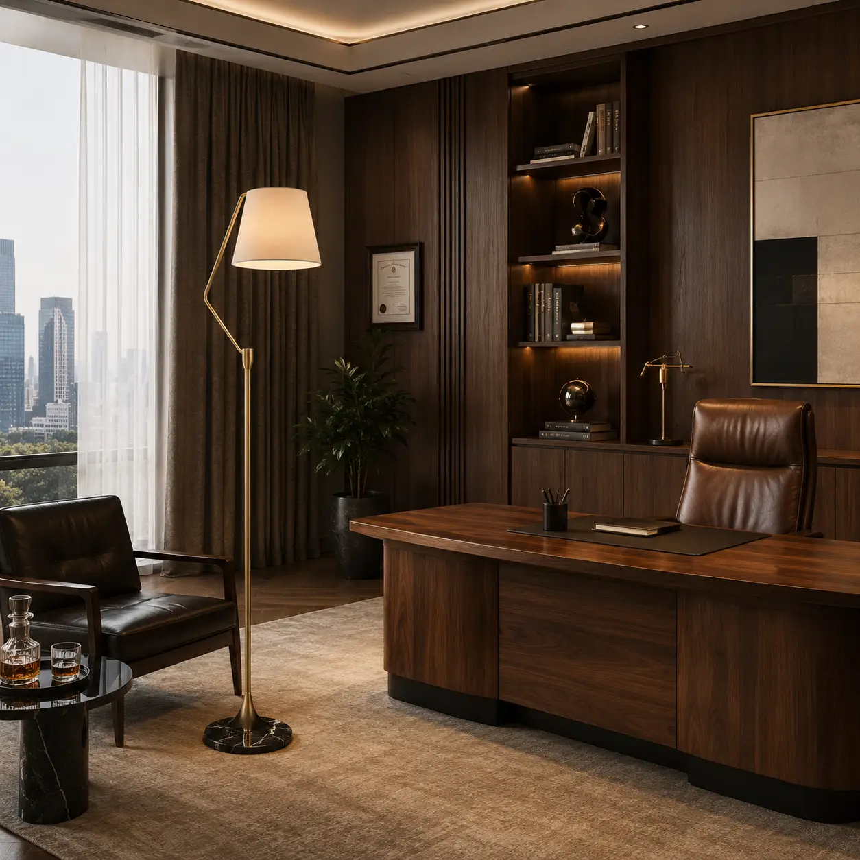 The Cantilever Floor Lamp in Brushed Brass with Black Marble in a Mid-Century Modern Office
