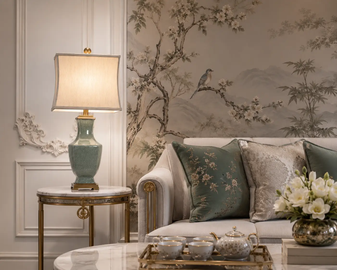 The Celadon-Bloom Crackle Table Lamp in a Modern Chinoiserie and French Luxury Salon