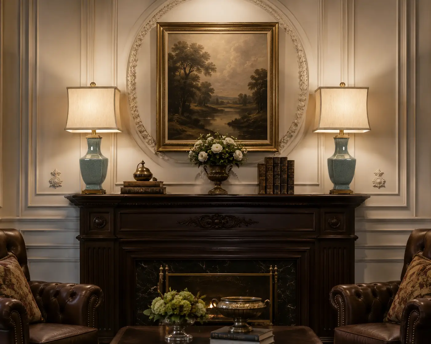 The Celadon-Bloom Crackle Table Lamp in an American Vintage and Neoclassical Luxury Living Room