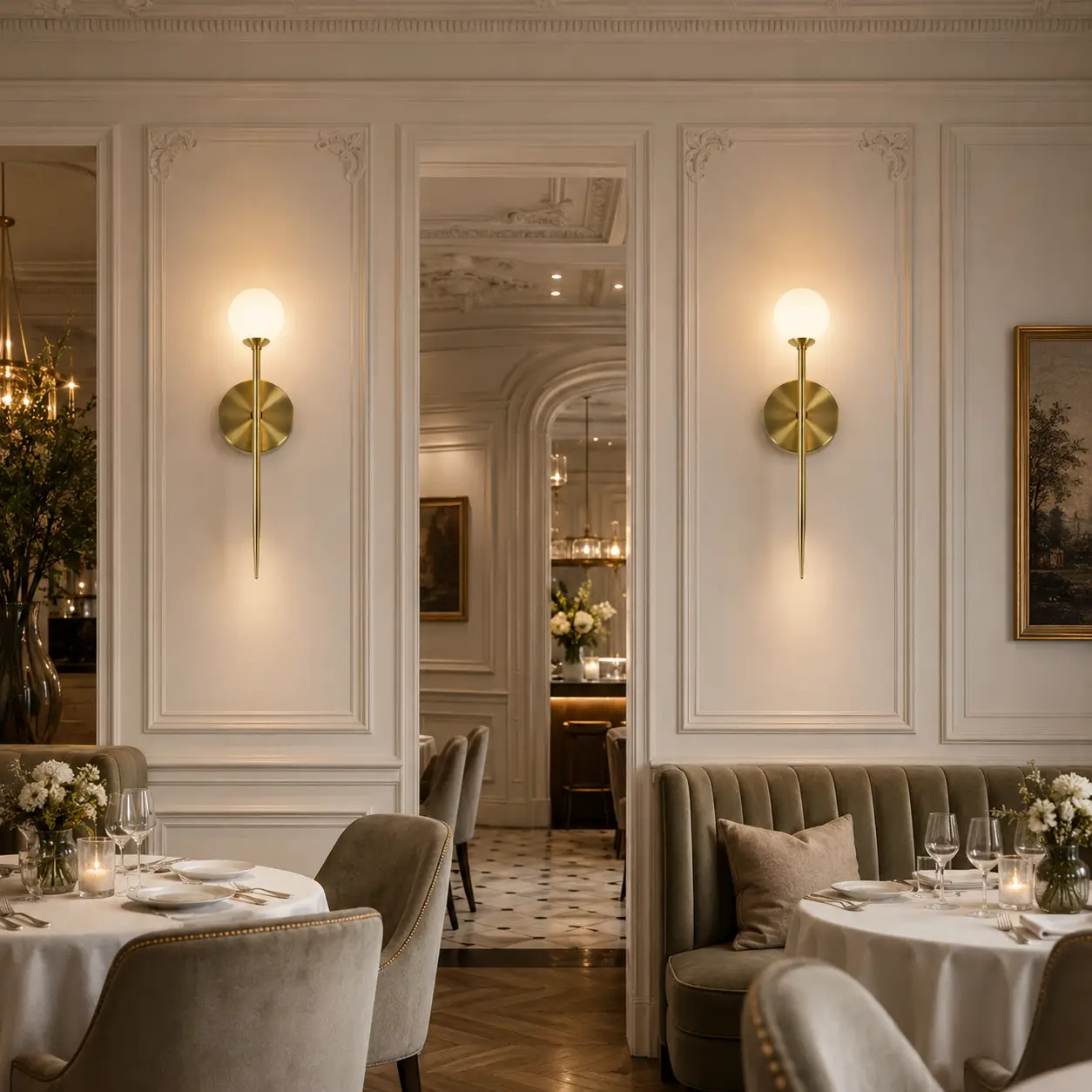 Smile Lighting Celestial Spire Sconce customized in polished gold for a French light luxury dining room