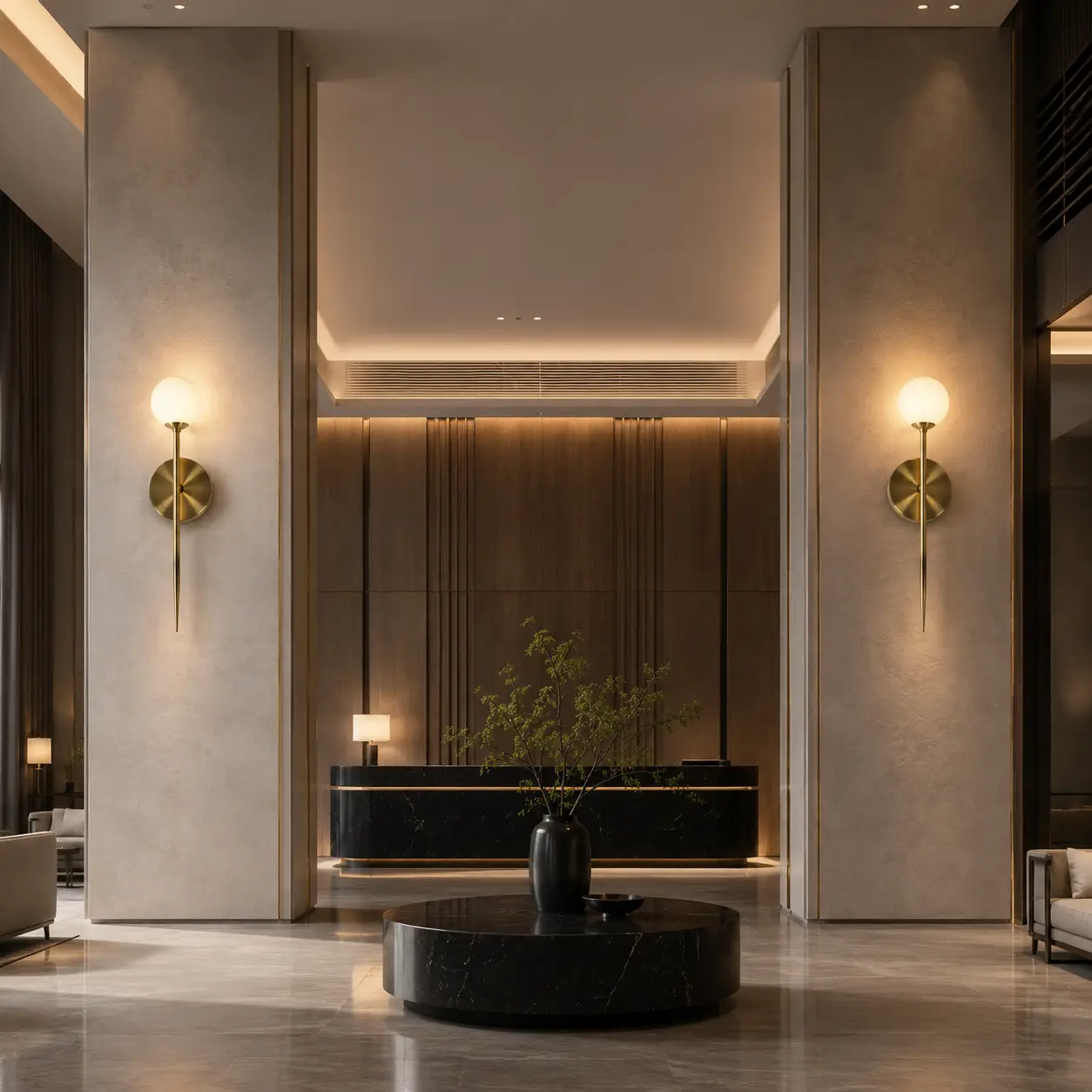 Smile Lighting Celestial Spire Sconce installed in a modern luxury minimalist commercial lounge