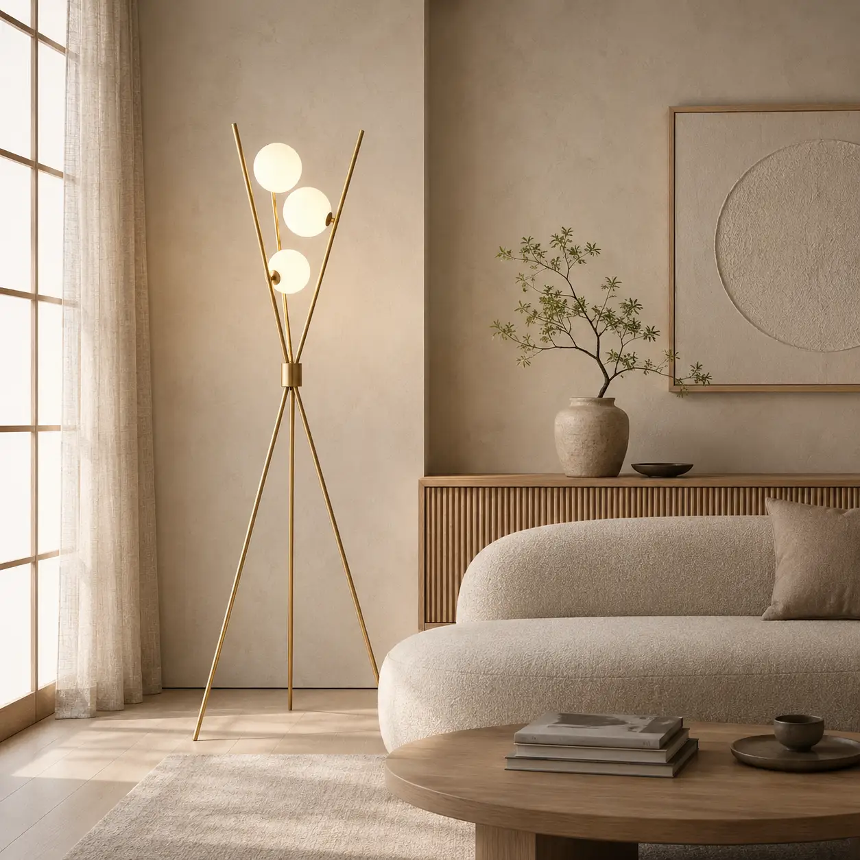 Brushed Satin Gold Celestial Tripod Floor Lamp in Contemporary Lounge Room