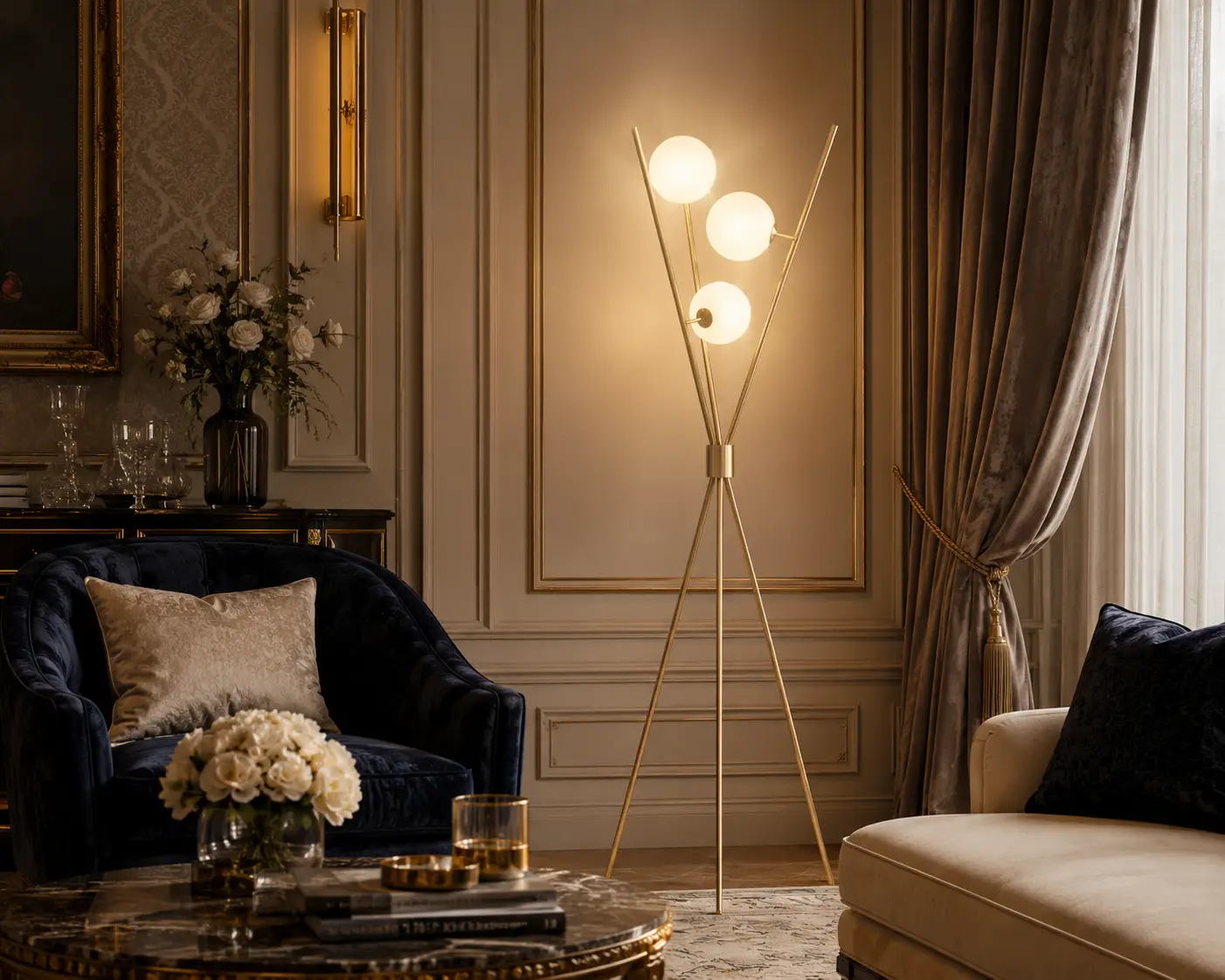 Smile Lighting Celestial Tripod Floor Lamp customized in brushed gold for an executive suite lounge
