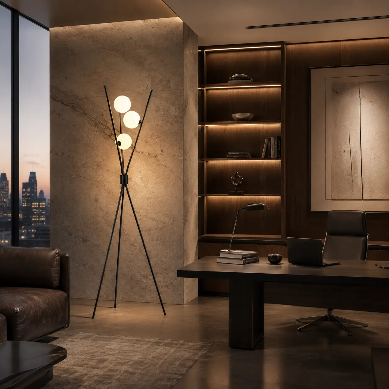 The Celestial Tripod LED Floor Lamp in Modern Luxury Executive Study