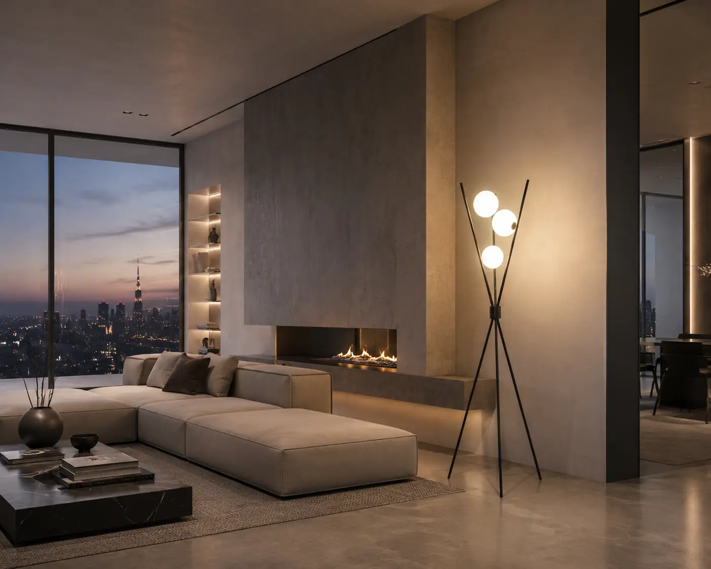 Smile Lighting Celestial Tripod Floor Lamp installed in a minimalist modern luxury penthouse living room