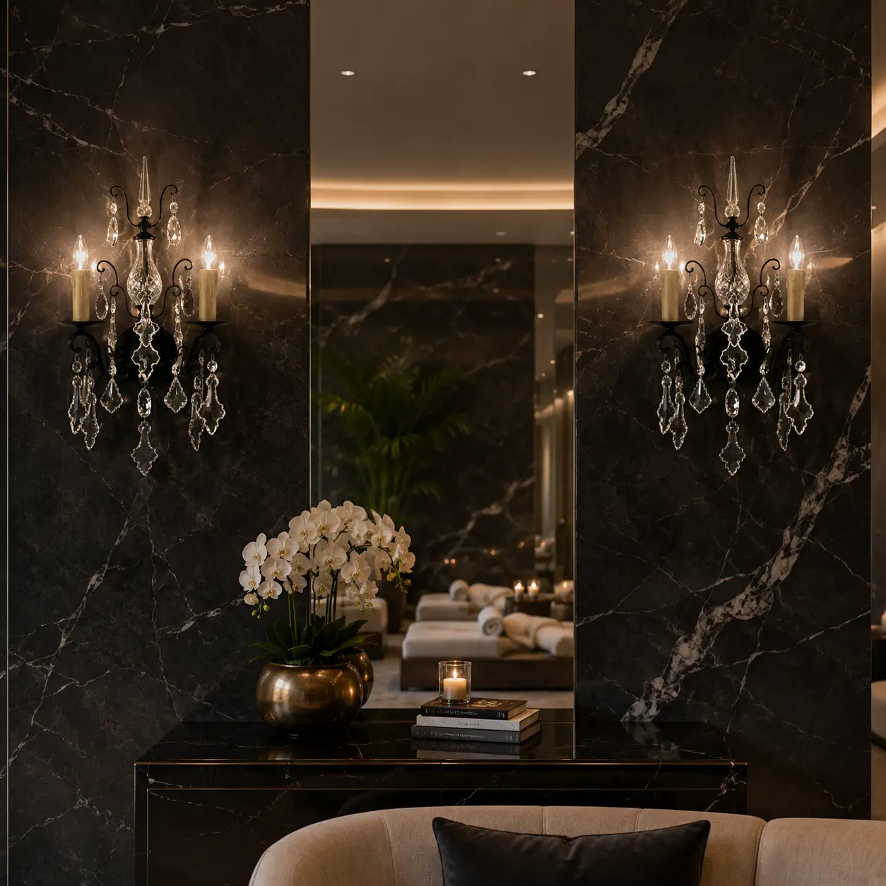 Smile Lighting Chandelier Fleur Sconce customized in polished nickel within a modern luxury interior