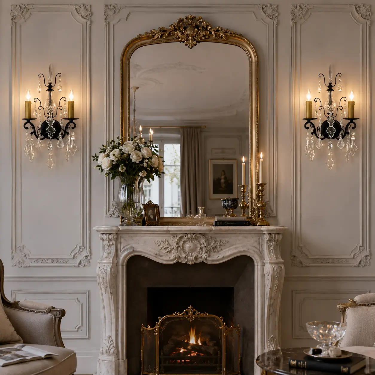 Smile Lighting Chandelier Fleur Sconce styled within an elegant Parisian Neoclassical interior
