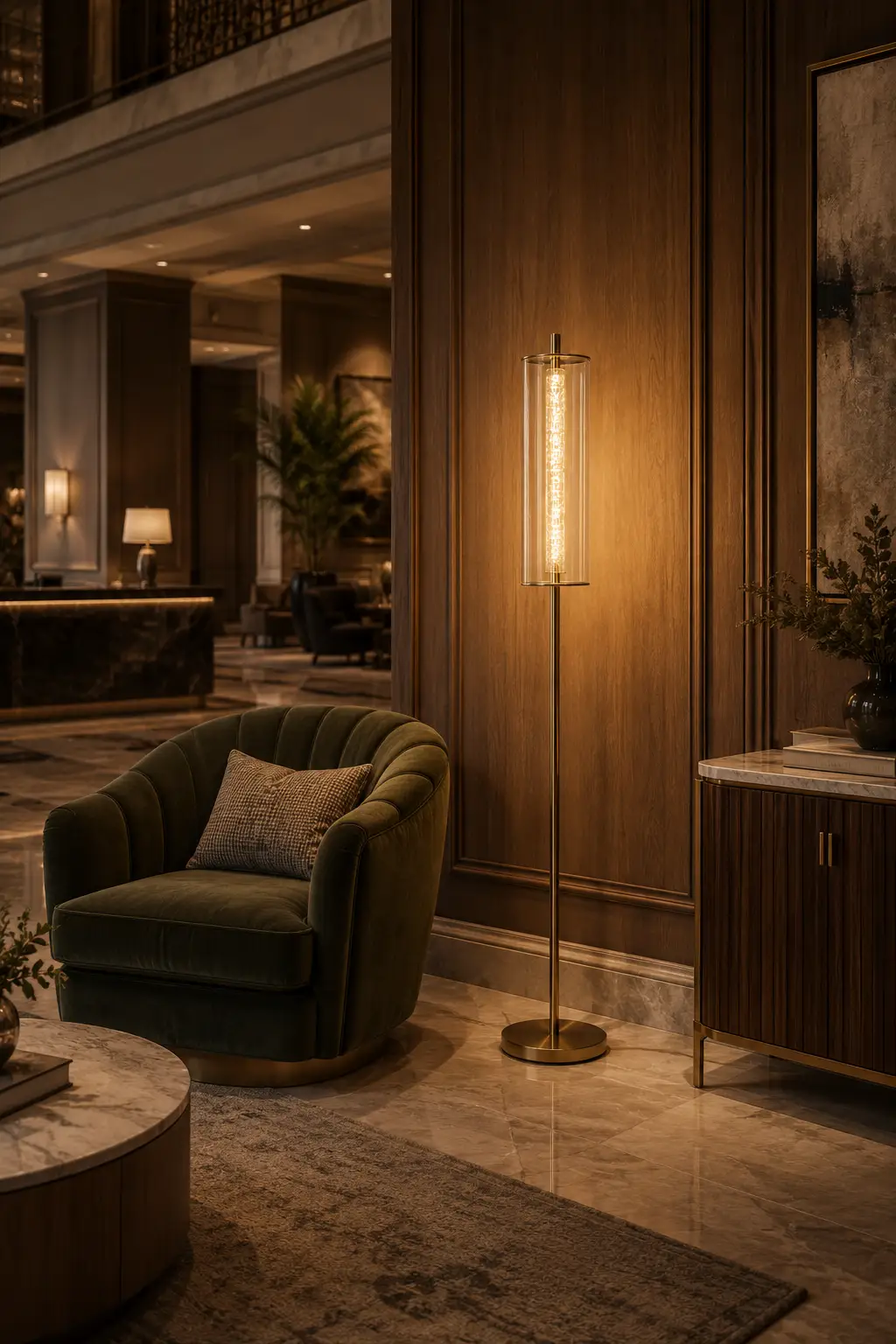 The Columnar Floor Lamp in Satin Gold within a High-End Executive Hotel Suite