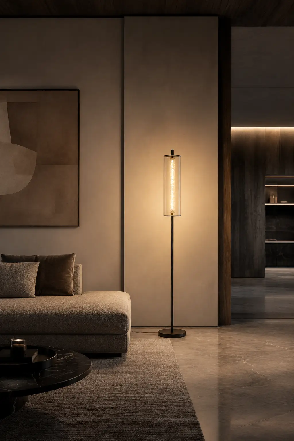 The Columnar Modern LED Floor Lamp in a Monolithic Minimalist Living Room Space