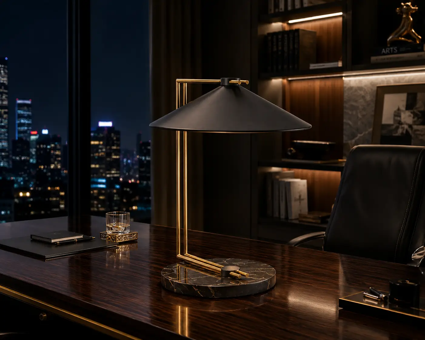 The Conic-Lux Brass and Marble Table Lamp in a Modern Luxury Executive Office Context