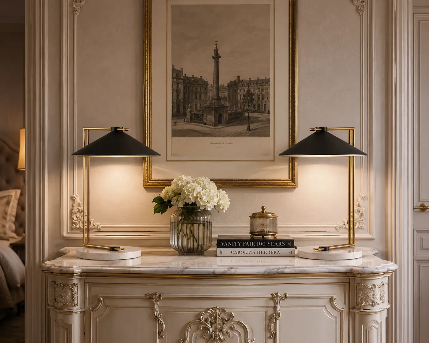 The Conic-Lux Brass Table Lamp with White Marble Base in a Neoclassical Transitional Entryway Console