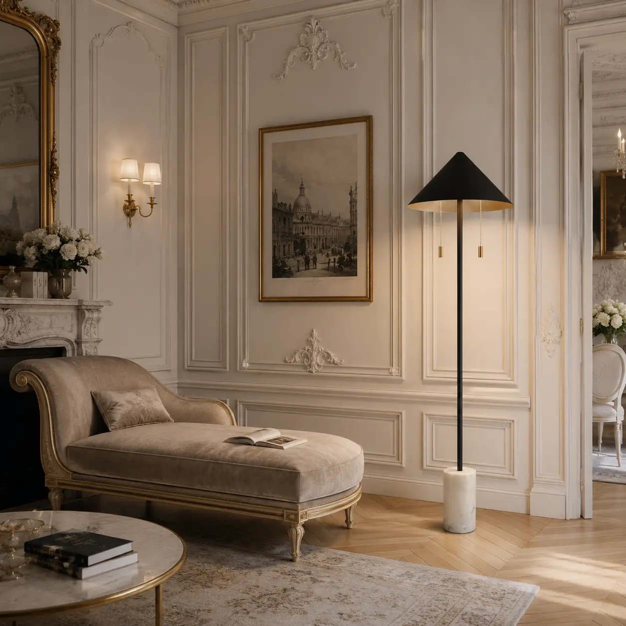 The Conic Satin Brass Floor Lamp with White Carrara Marble in a Parisian Style Interior