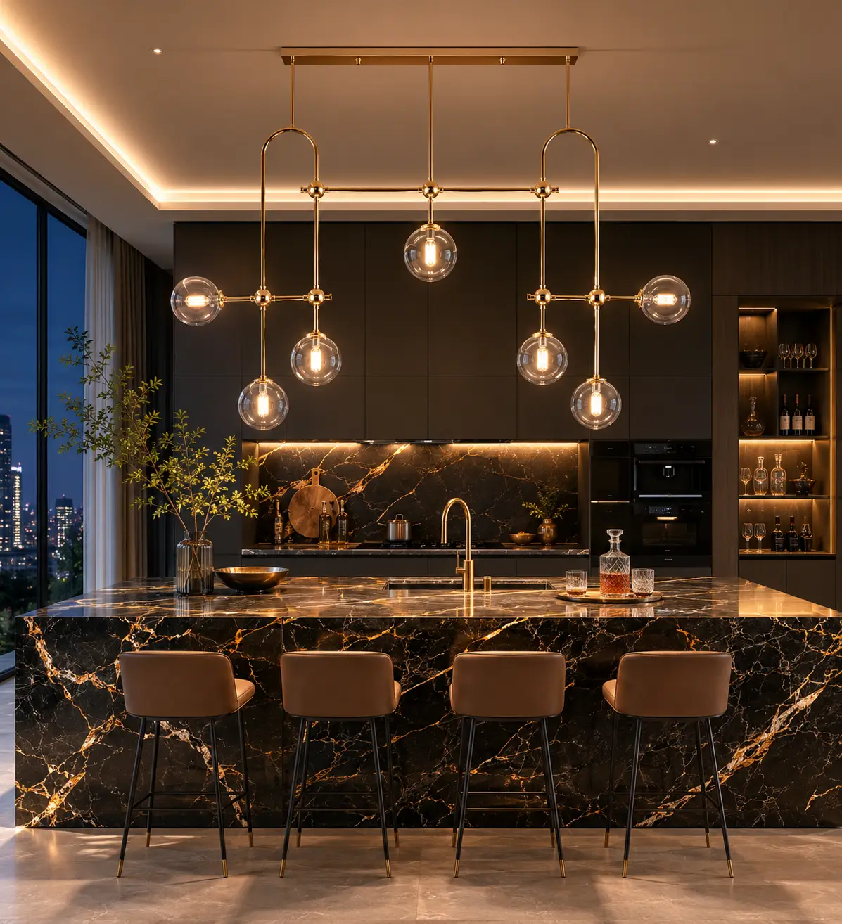 The Constellation Linear 7-Light Pendant over Modern Minimalist Luxury Island