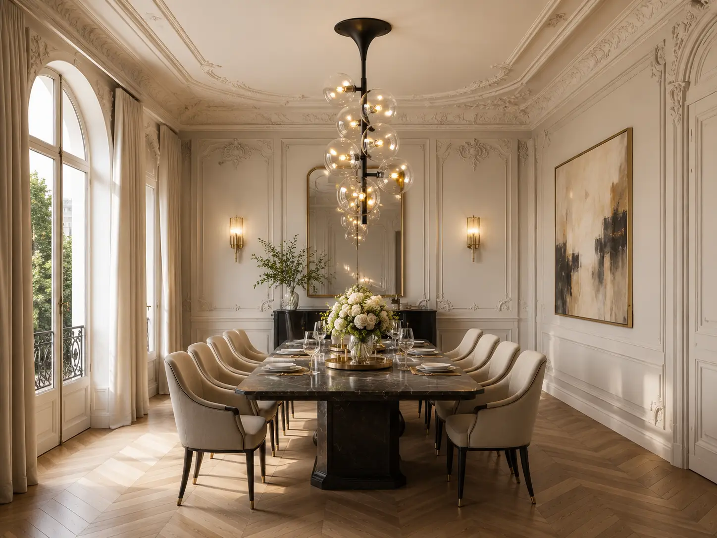 Custom Cluster Adaptation of Cosmic Cascade Pendant Over Classical French Dining Table