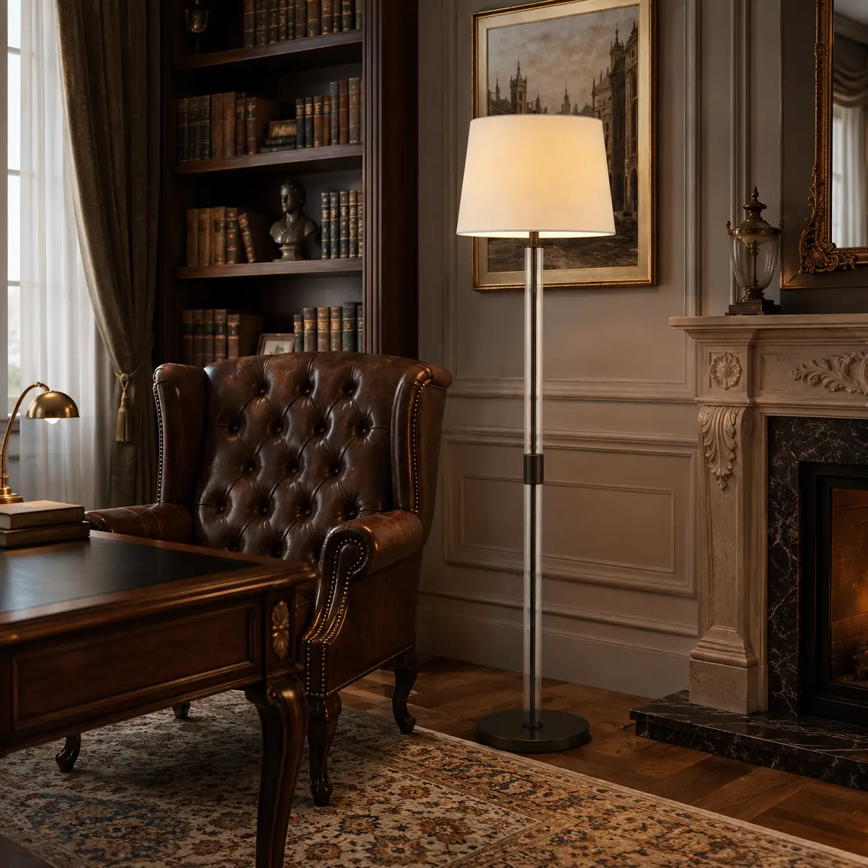 The Echelon Transitional Floor Lamp in a Classical Library Interior with Antique Brass Finishes