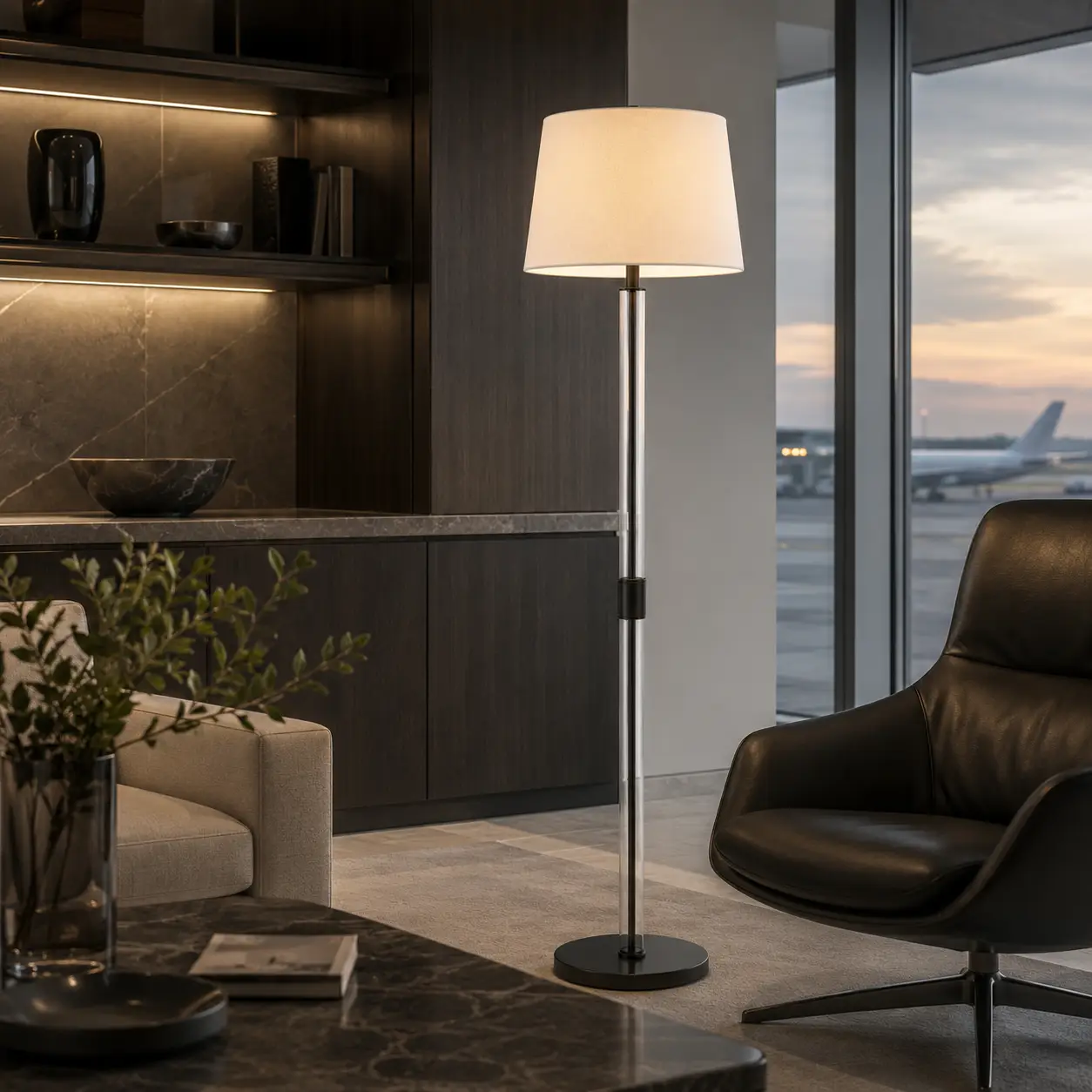 The Echelon Floor Lamp in a Modern Luxury Lounge Setting with Polished Nickel Finish