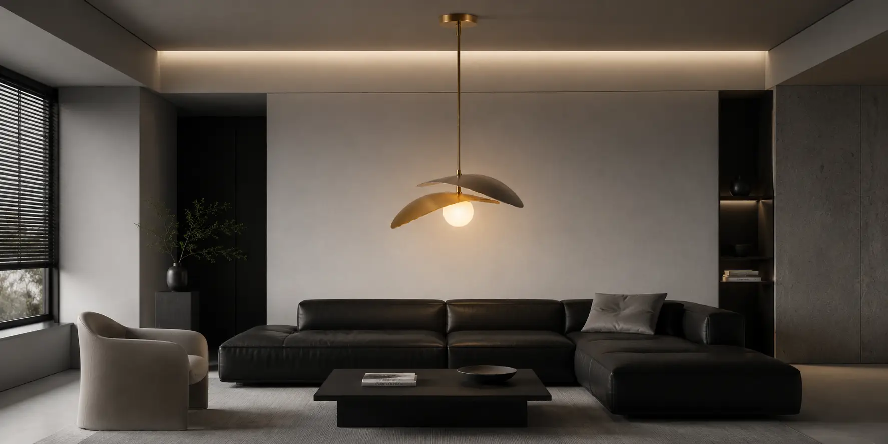 Black Sculptural Disc Pendant in Modern Commercial Lounge