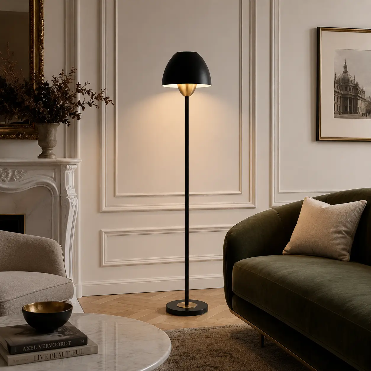 The Equinox Floor Lamp in a French Contemporary Lounge Setting with Satin Brass Finish
