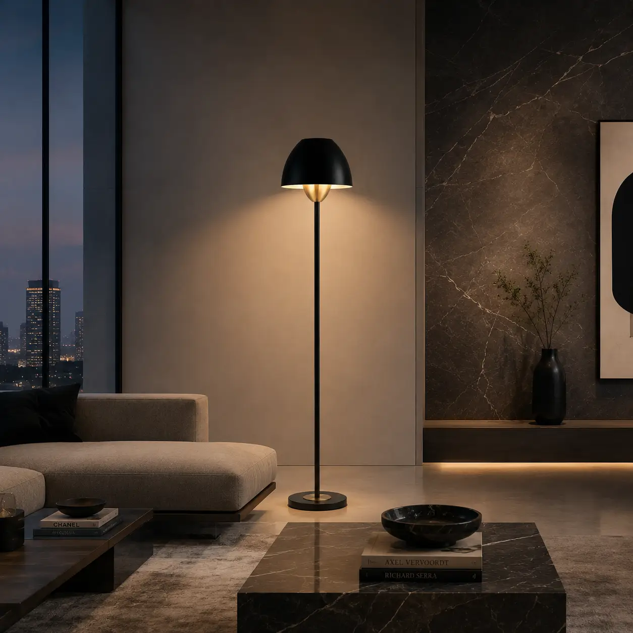 The Equinox Modern Dome Floor Lamp in an Ultra-Modern Luxury Living Room Setting
